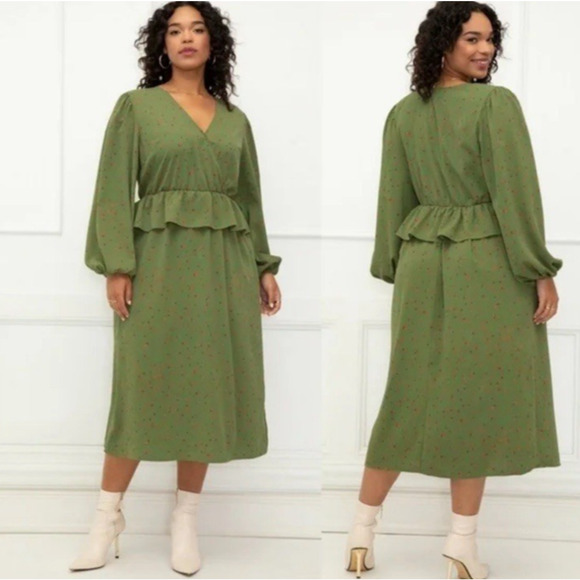 Eloquii Peplum Midi Dress Womens 24 Green V Neck Surplice Long Balloon Sleeve - Picture 1 of 9